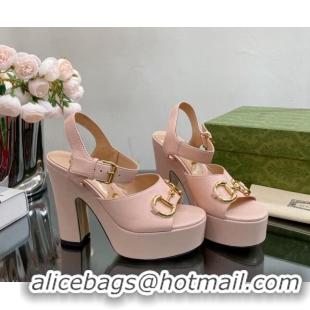 Classic Gucci Leather High Heel Platform Sandals with Horsebit 12cm Nude Pink 404015