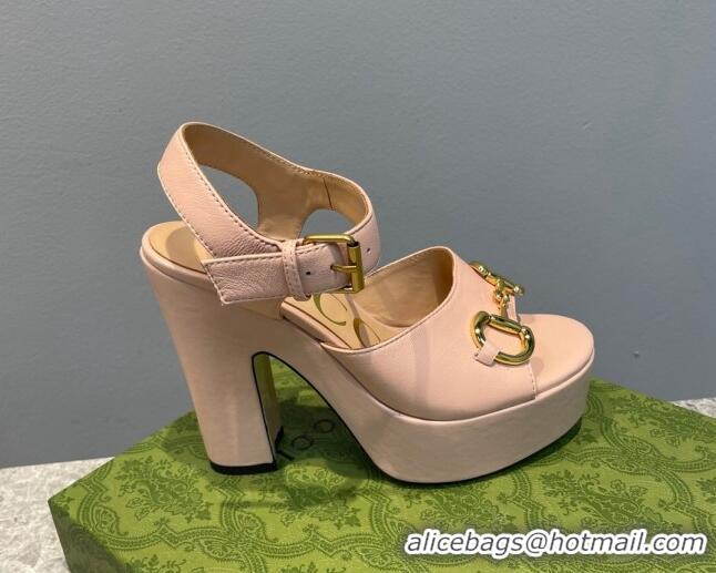 Classic Gucci Leather High Heel Platform Sandals with Horsebit 12cm Nude Pink 404015