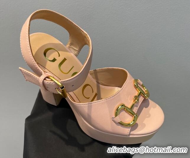 Classic Gucci Leather High Heel Platform Sandals with Horsebit 12cm Nude Pink 404015