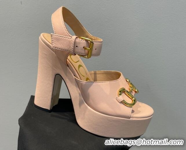 Classic Gucci Leather High Heel Platform Sandals with Horsebit 12cm Nude Pink 404015