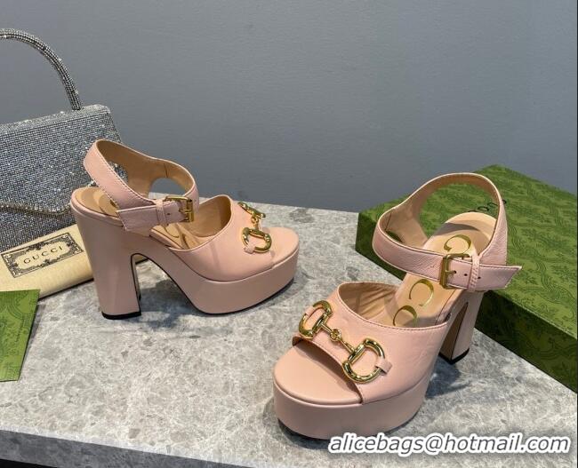 Classic Gucci Leather High Heel Platform Sandals with Horsebit 12cm Nude Pink 404015