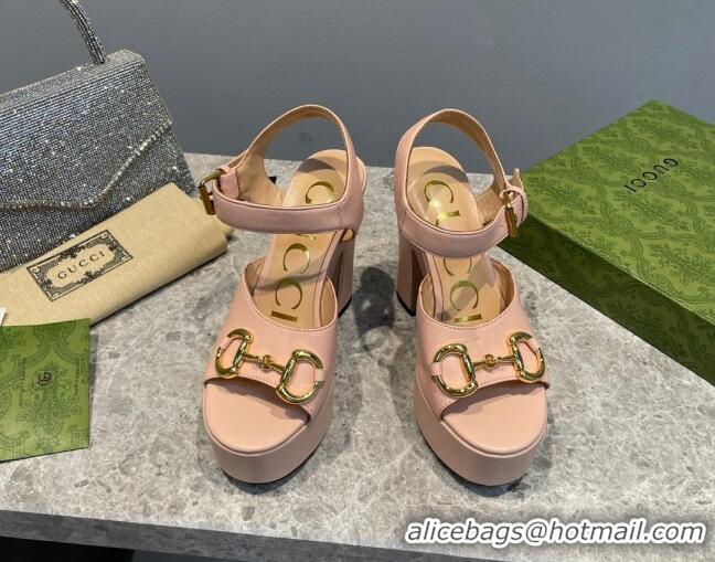 Classic Gucci Leather High Heel Platform Sandals with Horsebit 12cm Nude Pink 404015