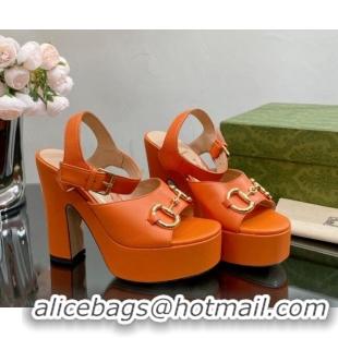 Best Product Gucci Leather High Heel Platform Sandals with Horsebit 12cm Orange 404016