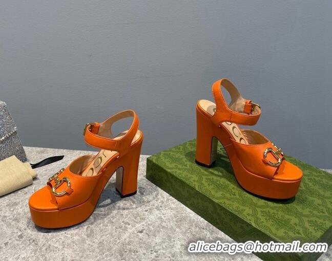 Best Product Gucci Leather High Heel Platform Sandals with Horsebit 12cm Orange 404016