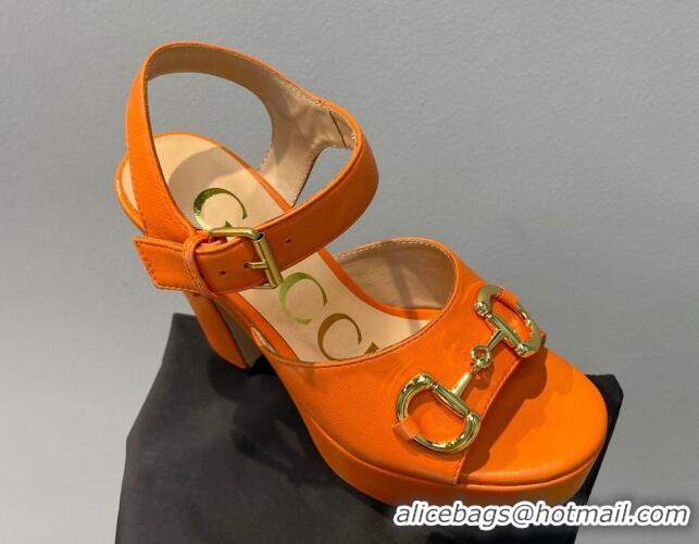 Best Product Gucci Leather High Heel Platform Sandals with Horsebit 12cm Orange 404016