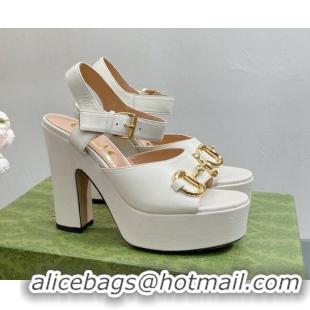 Good Quality Gucci Leather High Heel Platform Sandals with Horsebit 12cm White 404017