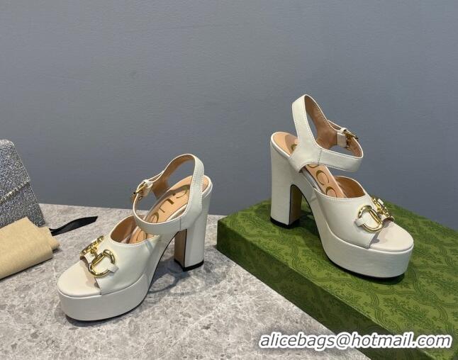 Good Quality Gucci Leather High Heel Platform Sandals with Horsebit 12cm White 404017