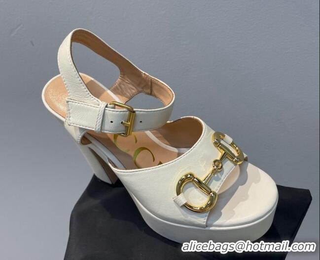 Good Quality Gucci Leather High Heel Platform Sandals with Horsebit 12cm White 404017