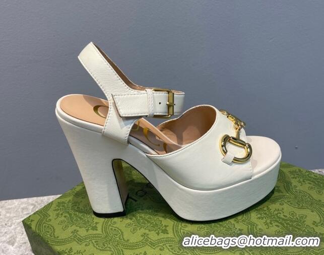 Good Quality Gucci Leather High Heel Platform Sandals with Horsebit 12cm White 404017