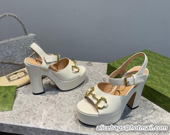 Good Quality Gucci Leather High Heel Platform Sandals with Horsebit 12cm White 404017