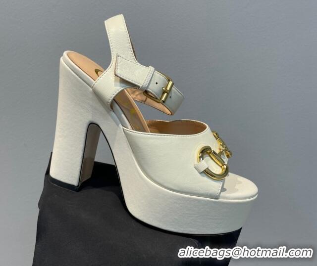 Good Quality Gucci Leather High Heel Platform Sandals with Horsebit 12cm White 404017