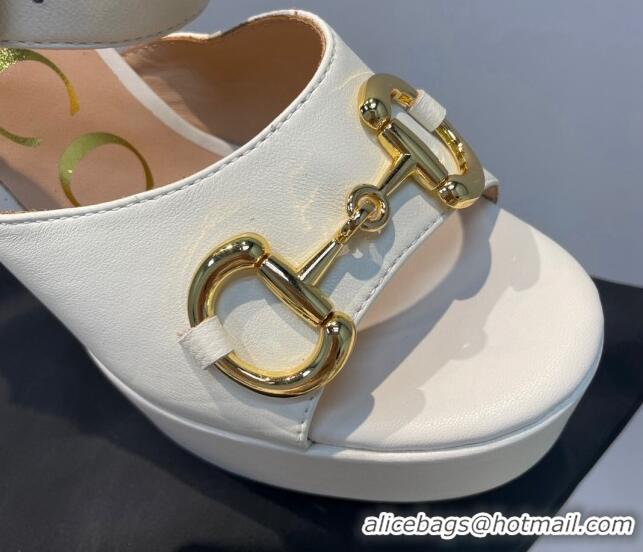 Good Quality Gucci Leather High Heel Platform Sandals with Horsebit 12cm White 404017