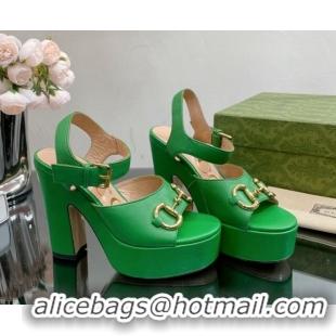 Grade Quality Gucci Leather High Heel Platform Sandals with Horsebit 12cm Green 404019