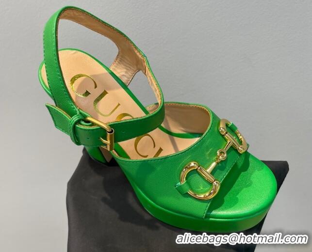 Grade Quality Gucci Leather High Heel Platform Sandals with Horsebit 12cm Green 404019