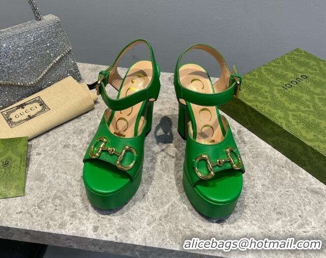 Grade Quality Gucci Leather High Heel Platform Sandals with Horsebit 12cm Green 404019