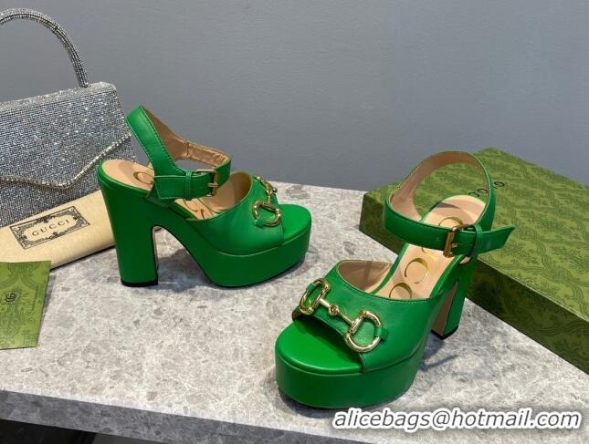 Grade Quality Gucci Leather High Heel Platform Sandals with Horsebit 12cm Green 404019