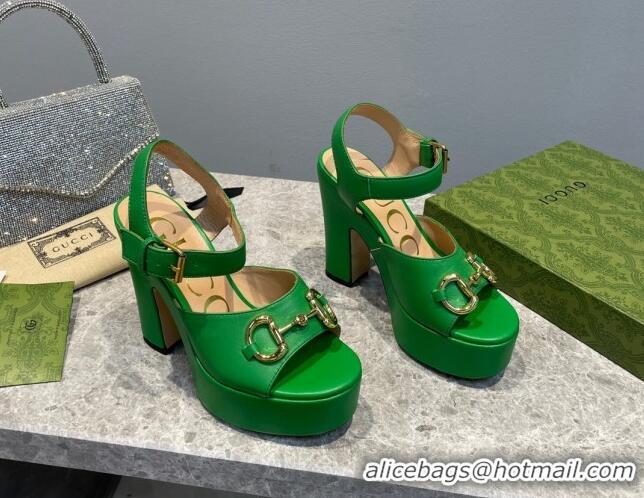 Grade Quality Gucci Leather High Heel Platform Sandals with Horsebit 12cm Green 404019