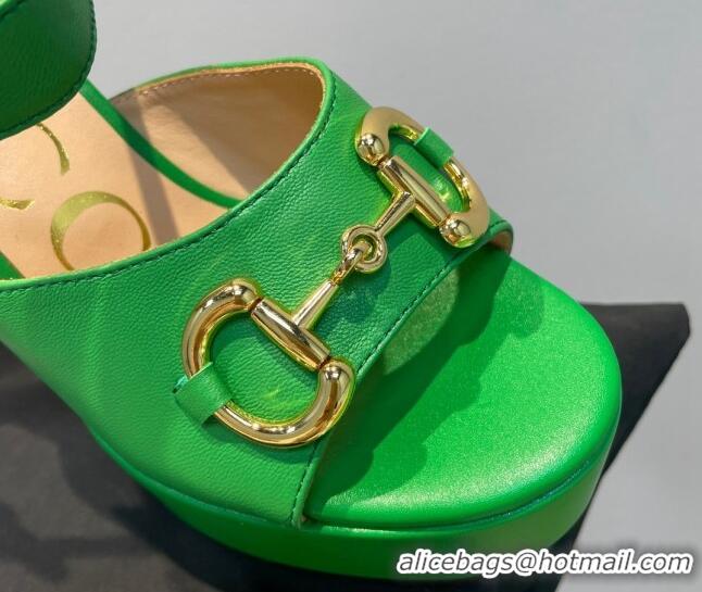 Grade Quality Gucci Leather High Heel Platform Sandals with Horsebit 12cm Green 404019