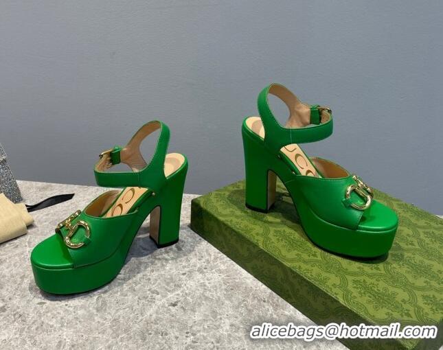 Grade Quality Gucci Leather High Heel Platform Sandals with Horsebit 12cm Green 404019