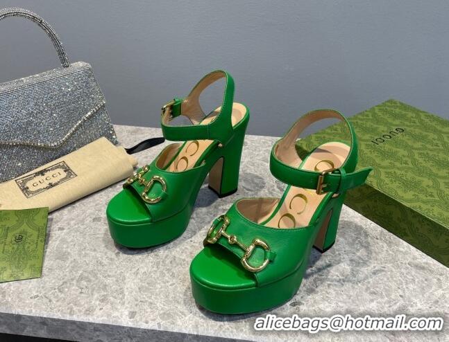 Grade Quality Gucci Leather High Heel Platform Sandals with Horsebit 12cm Green 404019