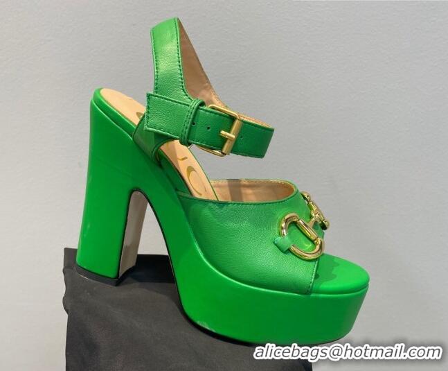 Grade Quality Gucci Leather High Heel Platform Sandals with Horsebit 12cm Green 404019