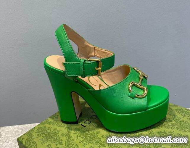 Grade Quality Gucci Leather High Heel Platform Sandals with Horsebit 12cm Green 404019