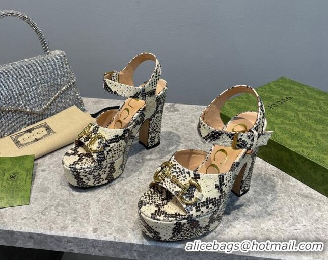 Best Grade Gucci High Heel Platform Sandals 12cm with Horsebit in Snakeskin-Like Leather Beige/Grey 404020