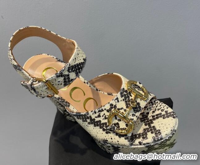 Best Grade Gucci High Heel Platform Sandals 12cm with Horsebit in Snakeskin-Like Leather Beige/Grey 404020