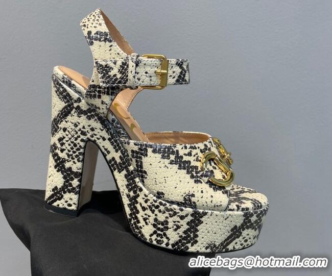 Best Grade Gucci High Heel Platform Sandals 12cm with Horsebit in Snakeskin-Like Leather Beige/Grey 404020