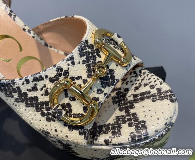 Best Grade Gucci High Heel Platform Sandals 12cm with Horsebit in Snakeskin-Like Leather Beige/Grey 404020