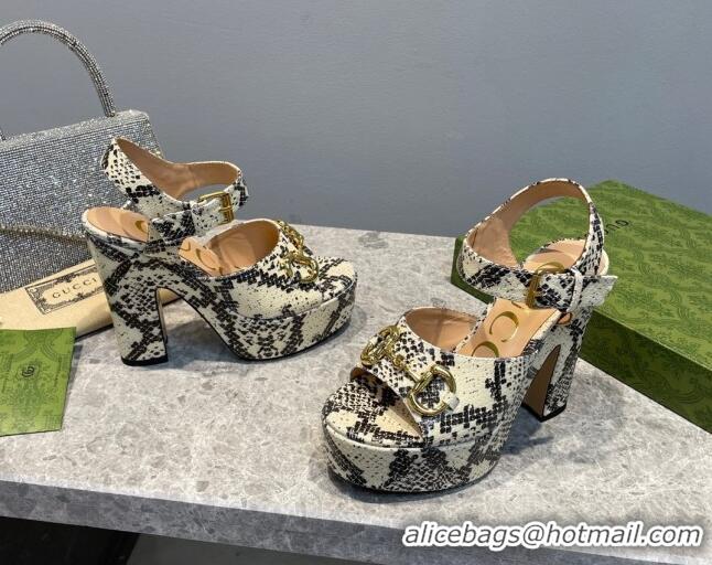 Best Grade Gucci High Heel Platform Sandals 12cm with Horsebit in Snakeskin-Like Leather Beige/Grey 404020