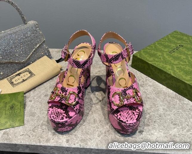 Low Price Gucci High Heel Platform Sandals 12cm with Horsebit in Pink Snakeskin-Like Leather 404021