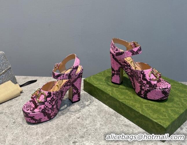 Low Price Gucci High Heel Platform Sandals 12cm with Horsebit in Pink Snakeskin-Like Leather 404021