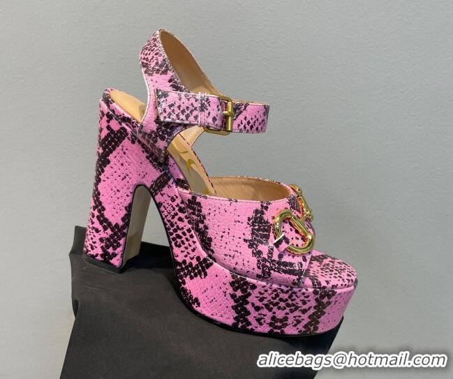 Low Price Gucci High Heel Platform Sandals 12cm with Horsebit in Pink Snakeskin-Like Leather 404021