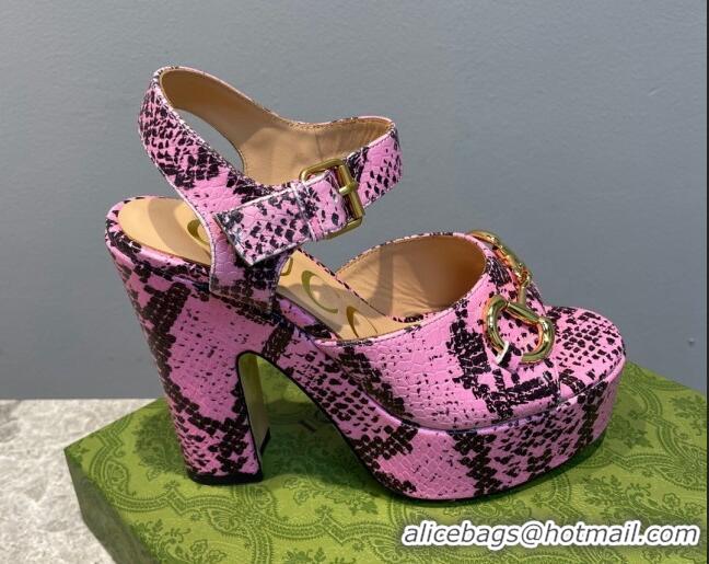 Low Price Gucci High Heel Platform Sandals 12cm with Horsebit in Pink Snakeskin-Like Leather 404021