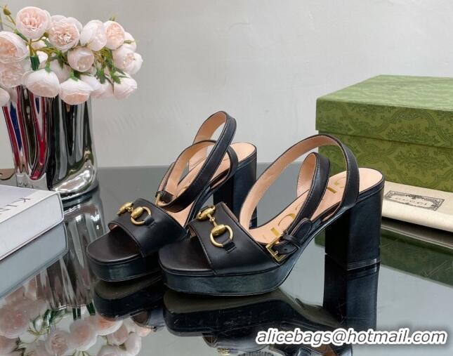 Luxurious Gucci Leather High Heel Platform Sandals 12cm with Ankle Strap Black 404022