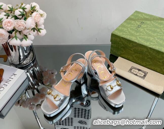 Top Grade Gucci Leather High Heel Platform Sandals 12cm with Ankle Strap Silver 404023