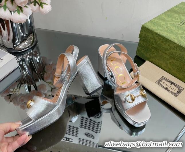 Top Grade Gucci Leather High Heel Platform Sandals 12cm with Ankle Strap Silver 404023