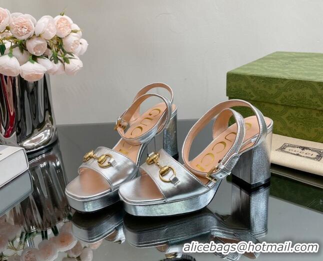 Top Grade Gucci Leather High Heel Platform Sandals 12cm with Ankle Strap Silver 404023