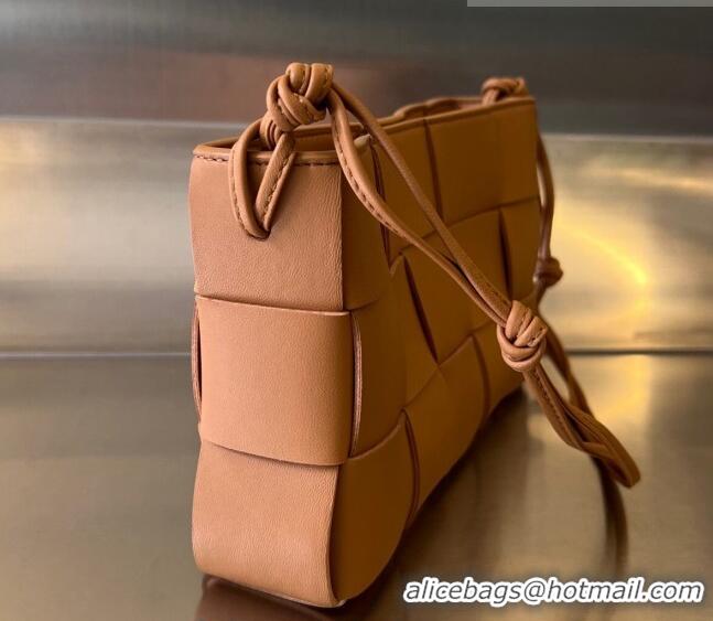 Inexpensive Bottega Veneta Cassette Pouch On Strap in Intreccio leather 730543 Camel Brown 2023