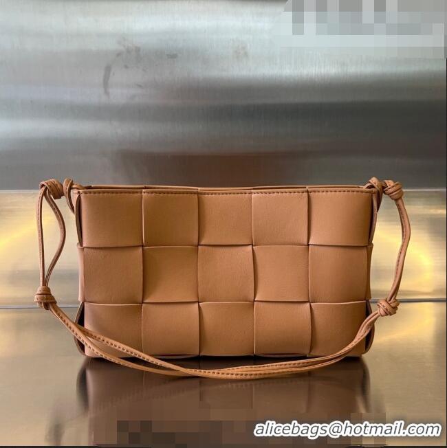 Inexpensive Bottega Veneta Cassette Pouch On Strap in Intreccio leather 730543 Camel Brown 2023