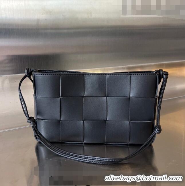 Popular Style Bottega Veneta Cassette Pouch On Strap in Intreccio leather 730543 Black 2023