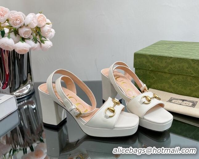 Best Price Gucci Leather High Heel Platform Sandals 12cm with Ankle Strap White 404025