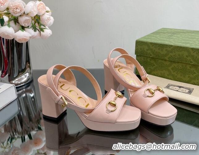 Purchase Gucci Leather High Heel Platform Sandals 12cm with Ankle Strap Nude Pink 404026