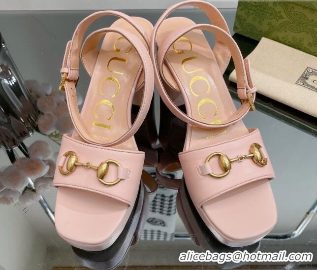 Purchase Gucci Leather High Heel Platform Sandals 12cm with Ankle Strap Nude Pink 404026