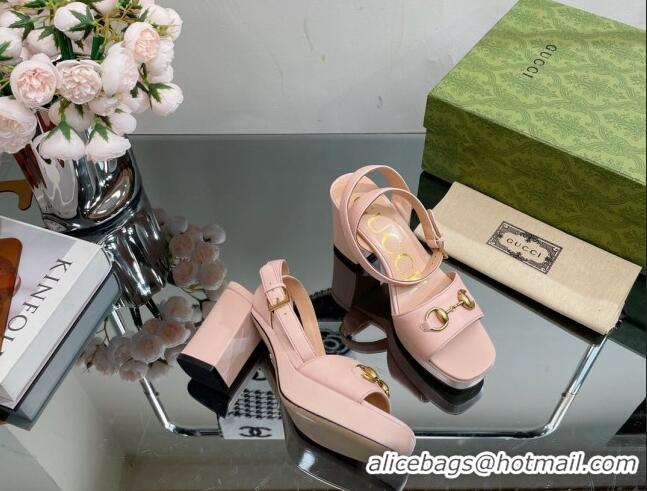 Purchase Gucci Leather High Heel Platform Sandals 12cm with Ankle Strap Nude Pink 404026