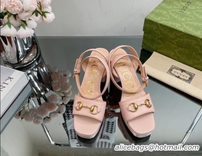 Purchase Gucci Leather High Heel Platform Sandals 12cm with Ankle Strap Nude Pink 404026