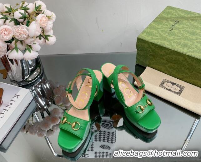 Best Price Gucci Leather High Heel Platform Sandals 12cm with Ankle Strap Green 404027