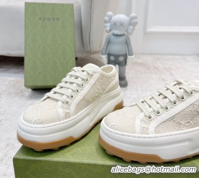 Sumptuous Gucci GG Embroidered Low-top Platform Sneakers 5cm Light Beige 406033