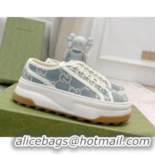 Perfect Gucci GG Embroidered Low-top Platform Sneakers 5cm Light Blue 406034